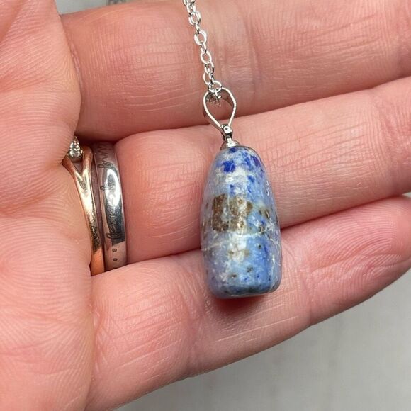 Denim Lapis Lazuli tumble pendant pyrite necklace silver plated blue gold - Picture 6 of 9